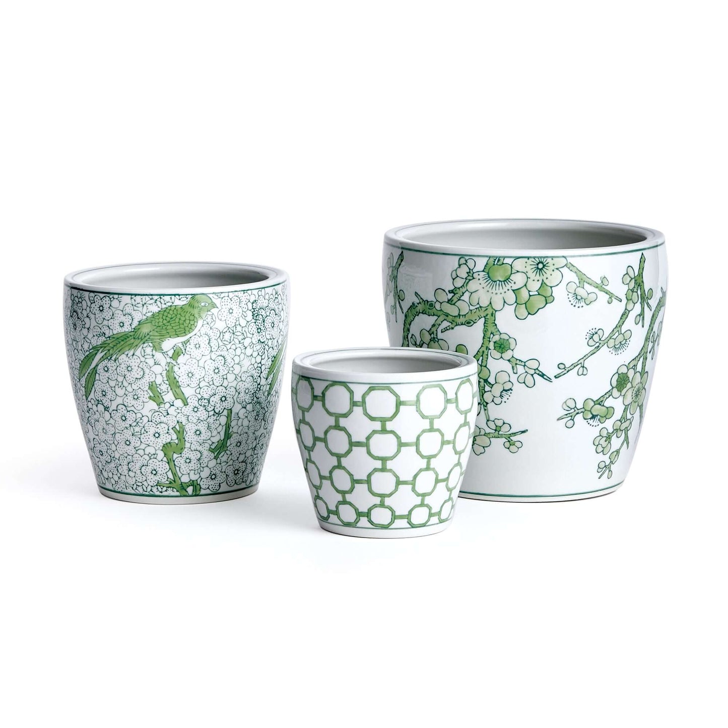 Green and White Chinoiserie Ceramic Planters, Set of 3