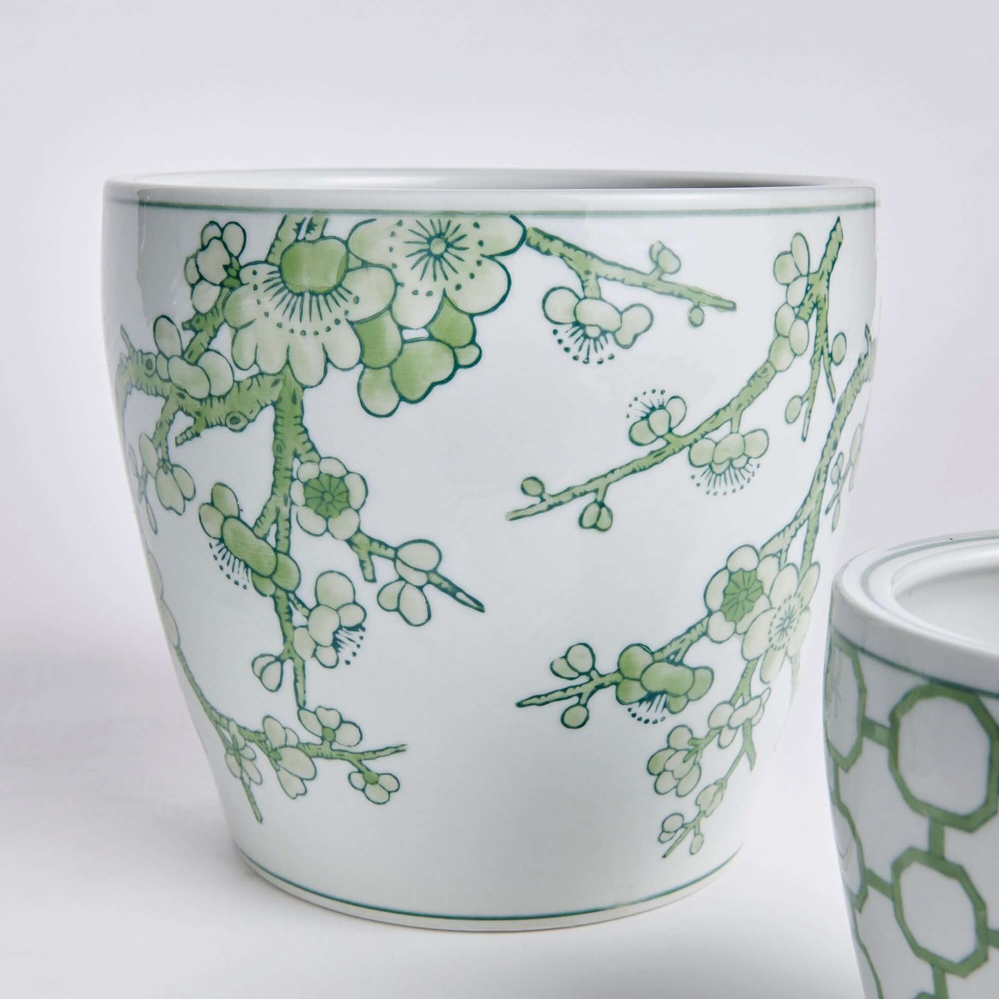 Green and White Chinoiserie Ceramic Planters, Set of 3