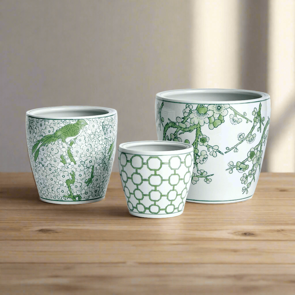 Green and White Chinoiserie Ceramic Planters, Set of 3