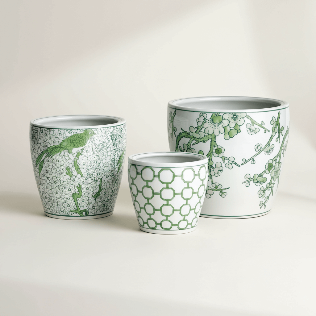 Green and White Chinoiserie Ceramic Planters, Set of 3