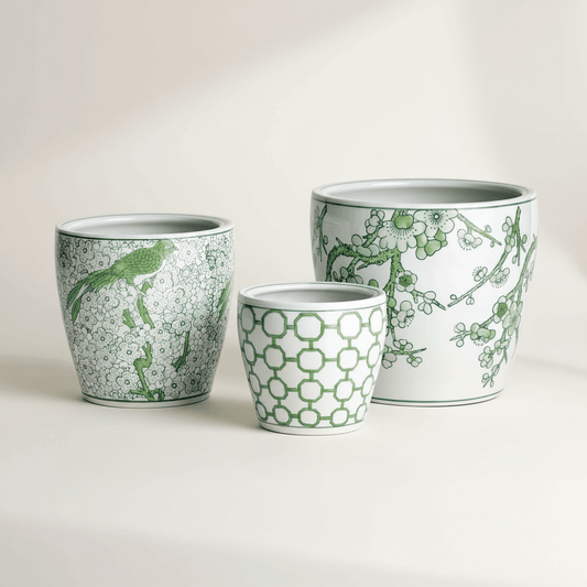 Green and White Chinoiserie Ceramic Planters, Set of 3